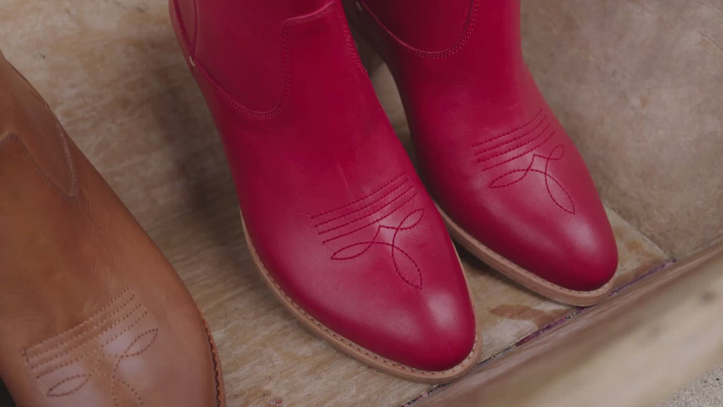 Video showing western-inspired boots including Cowbird in red, tan, and black and Condor in tan.