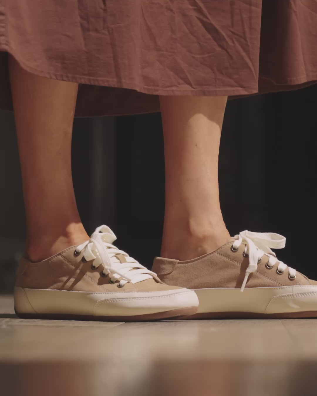 Video of woman wearing Sandpiper suede sneakers in oat 