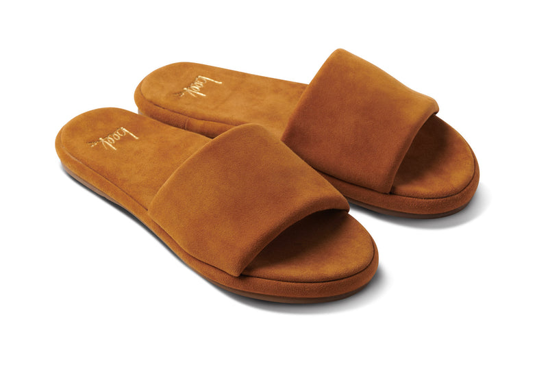 Puffbird suede slide sandals in caramel - angle shot