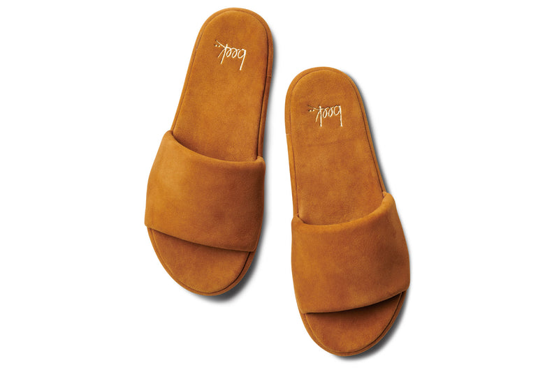 Puffbird suede slide sandals in caramel - top shot