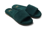 Puffbird suede slide sandal in forest - angle shot
