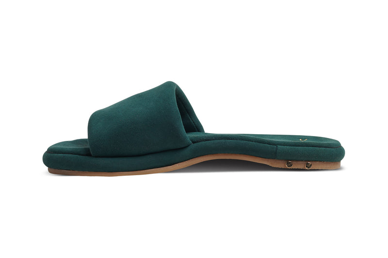 Puffbird suede slide sandal in forest - side shot