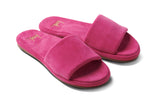 Puffbird suede slide sandal in fuchsia - angle shot