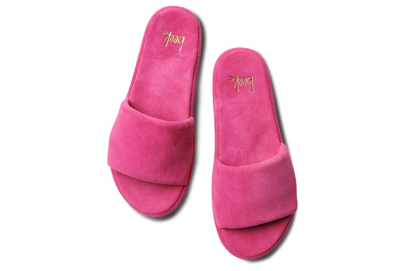 Puffbird suede slide sandal in fuchsia - top shot