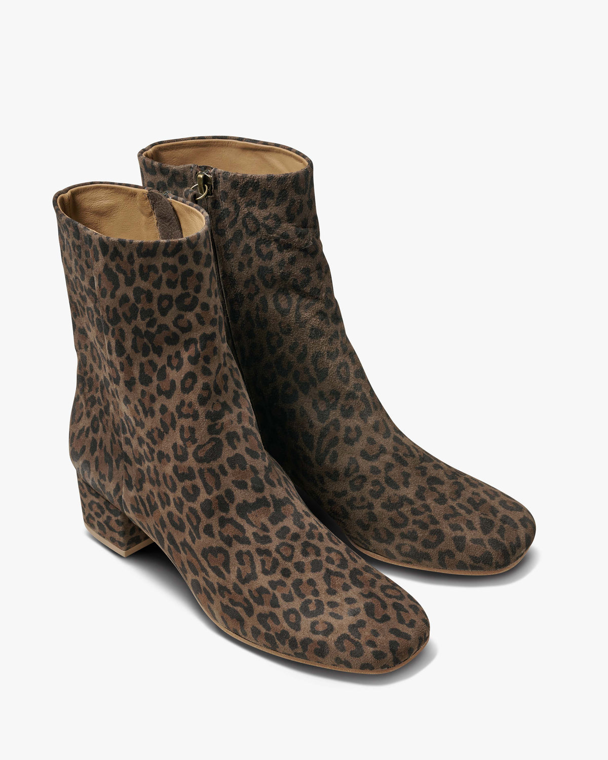 Raven suede heeled boots in leopard - product angle shot