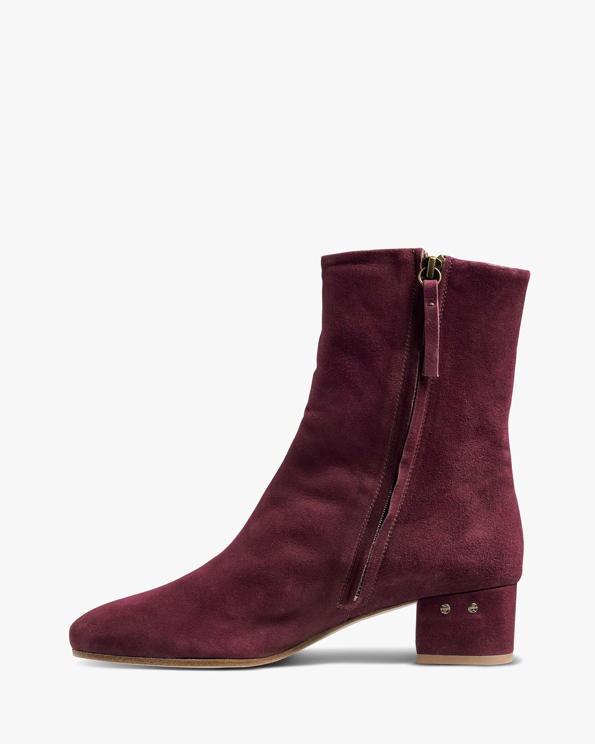 Raven suede heeled boots in prune - product side shot