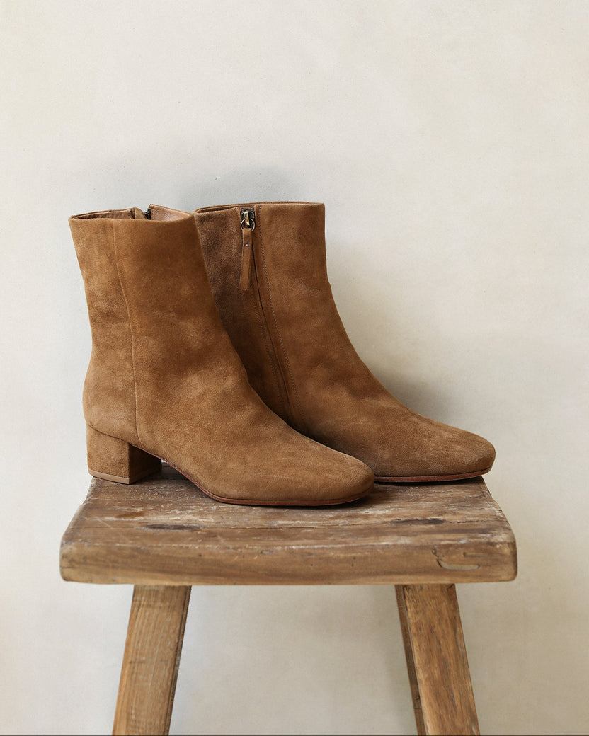 Raven suede boots in toffee shot on stool