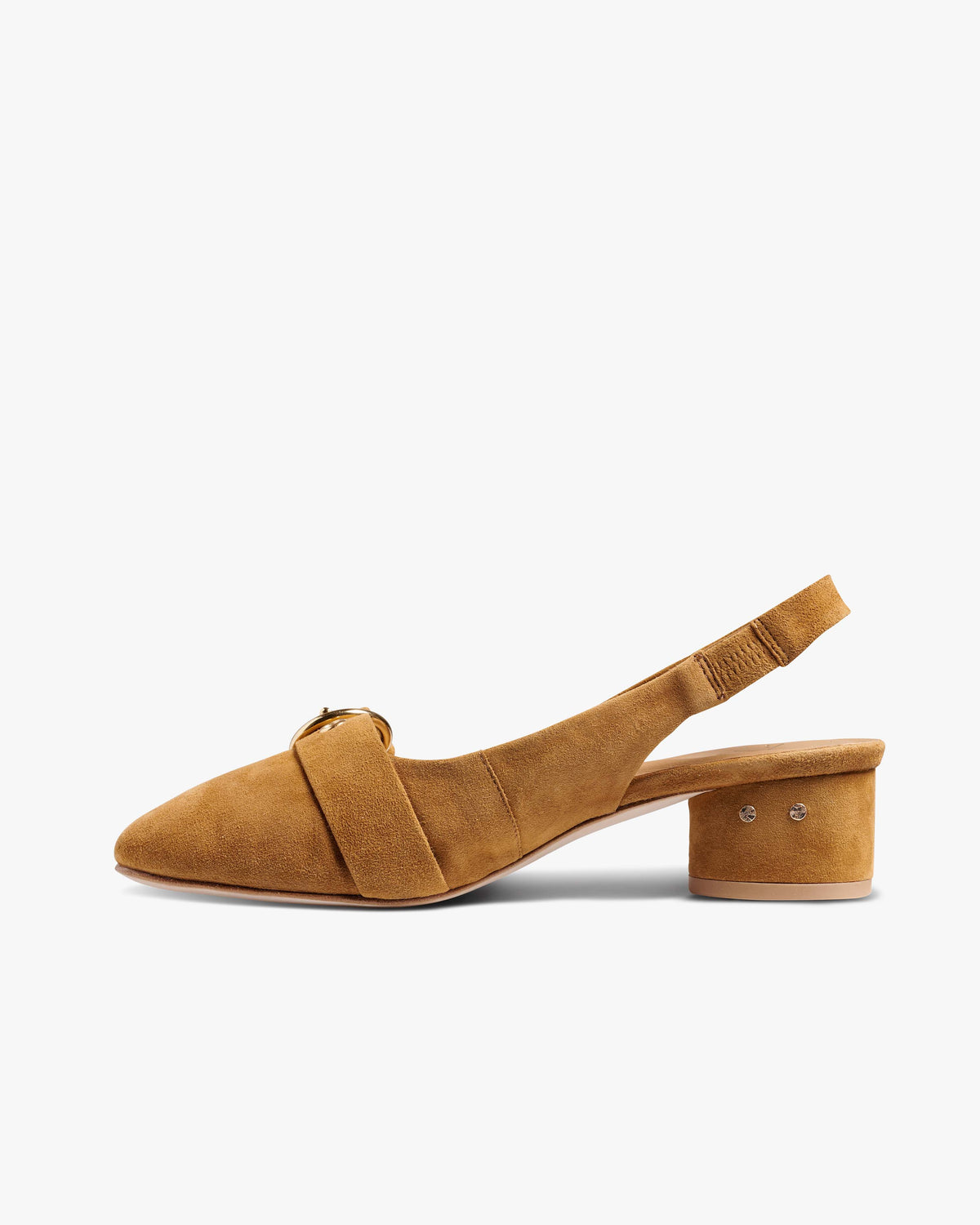 Rhea suede slingback heels in caramel - product side shot