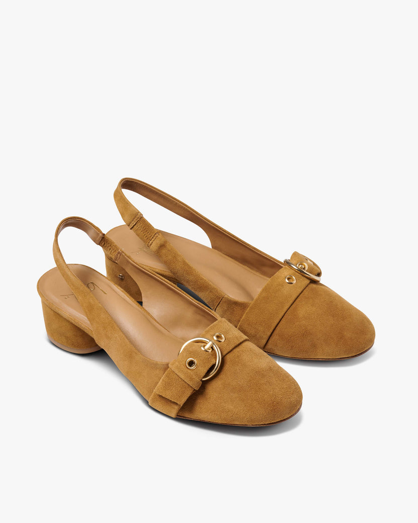 Rhea suede slingback heels in caramel - product angle shot