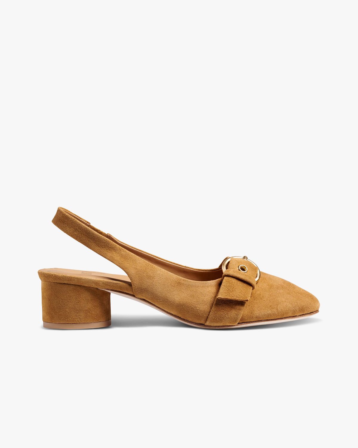 Rhea suede slingback heels in caramel - product side shot