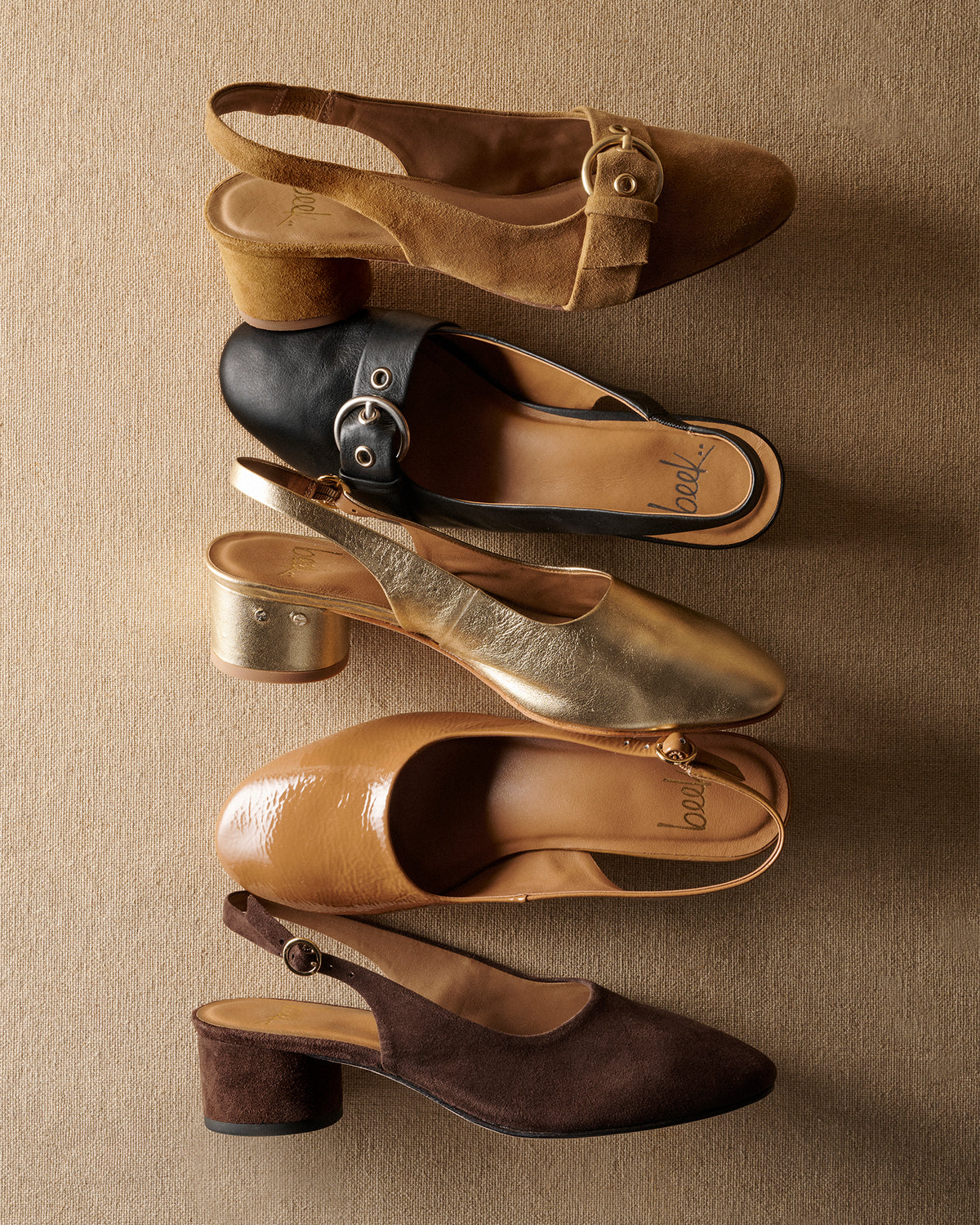 Group shot of Rhea slingback heels in caramel and black with Lora sloingback heels in gold, latte, coffee