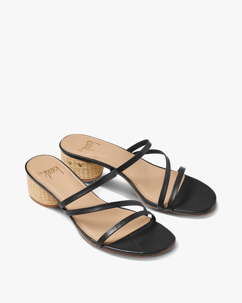 Roselle leather sandal with raffia heel in black - product angle shot