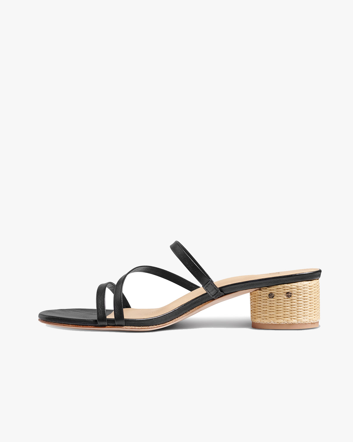 Roselle leather sandal with raffia heel in black - product side shot