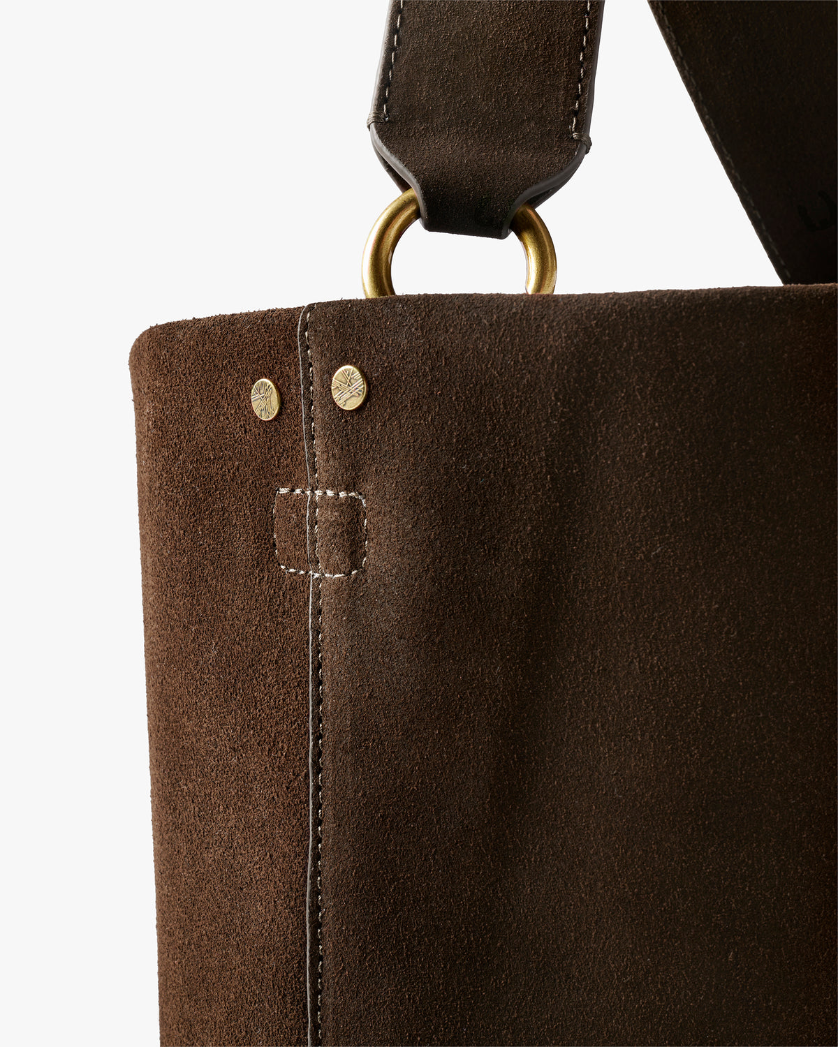 Sabine suede bucket bag in coffee - product detail shot