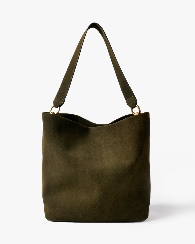 Sabine suede bucket bag in olive - product front shot