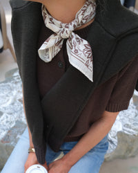Woman wearing Pixie Scarf in coffee with brown sweater