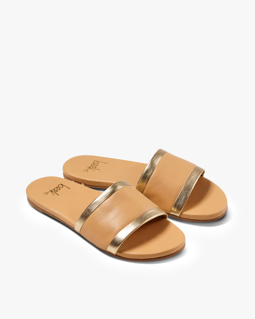 Shorebird leather slide sandals in beach/gold - product angle shot