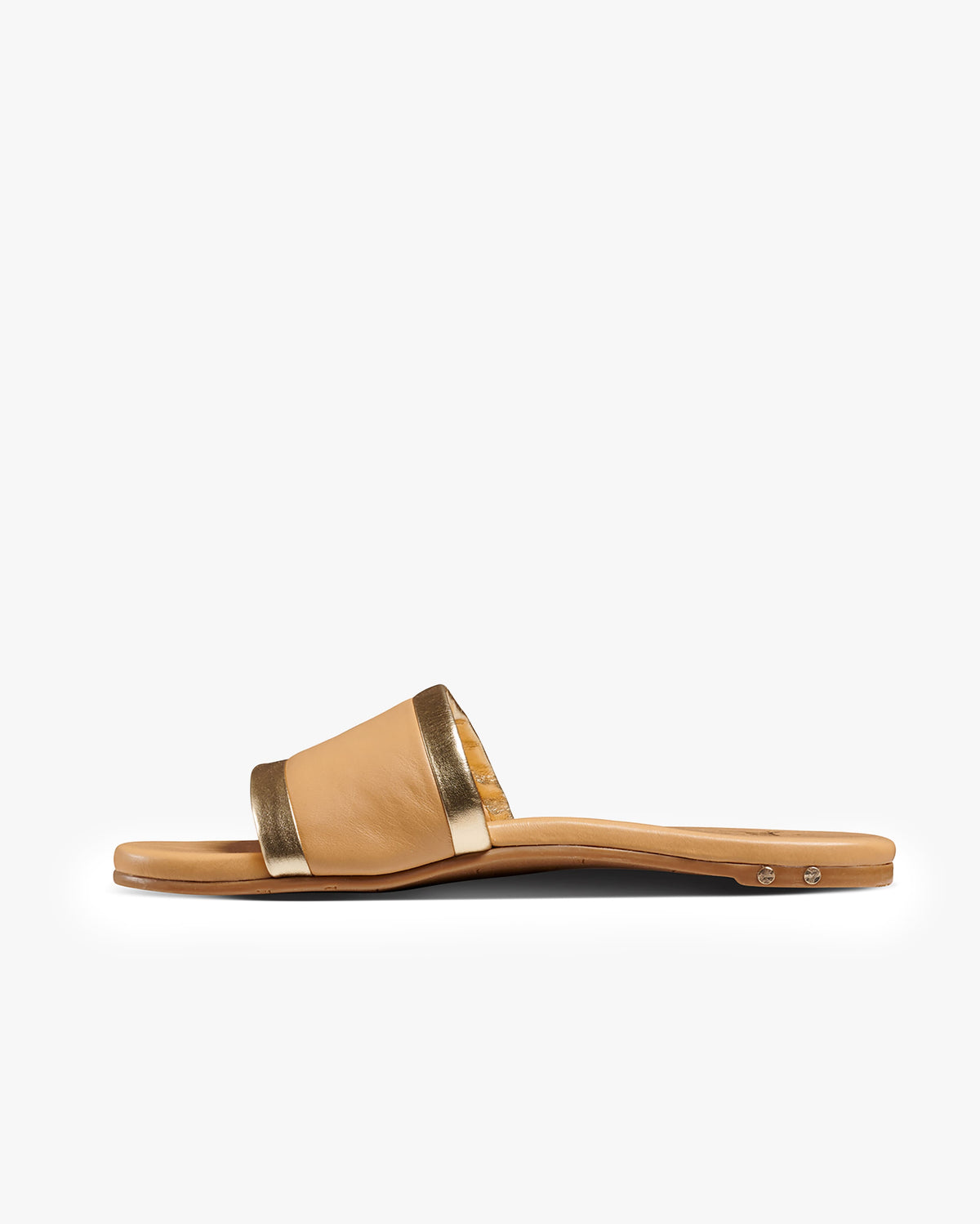 Shorebird leather slide sandals in beach/gold - product side shot