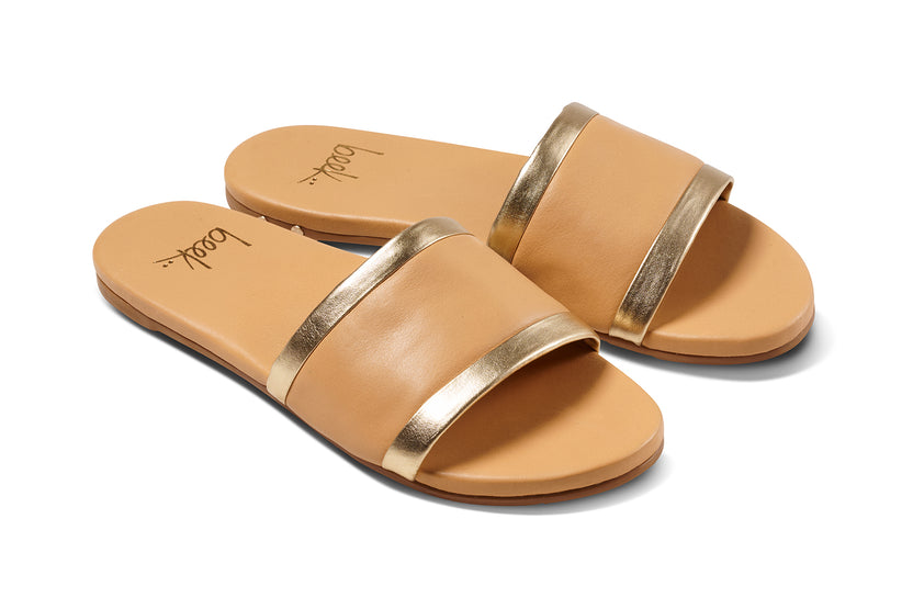 Shorebird leather slide sandals in beach/gold - product angle shot