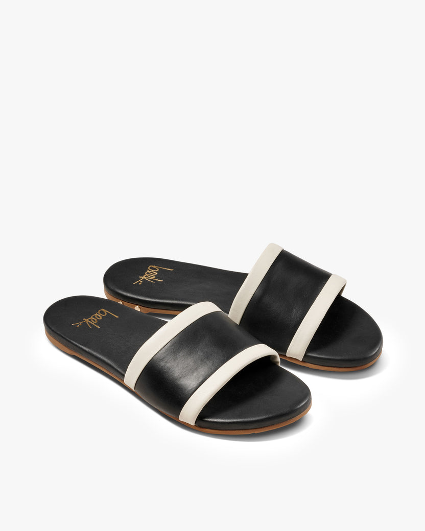 Shorebird leather slide sandals in black/vanilla - product angle shot