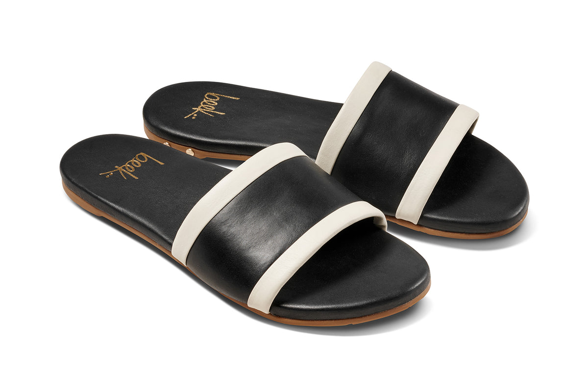 Shorebird leather slide sandals in black/vanilla - product angle shot