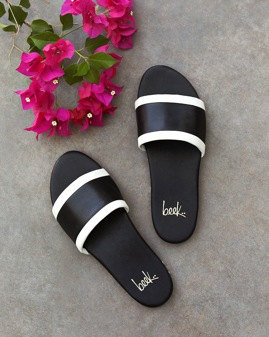 Shorebird leather slide sandal in black/vanilla 