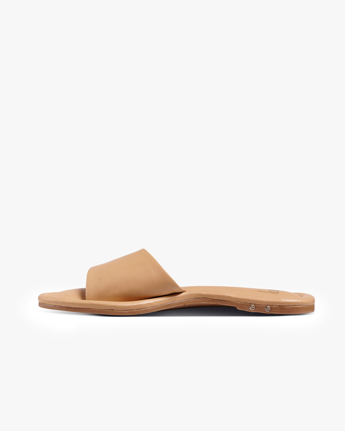 Songlark leather slide sandal in beach - product side shot