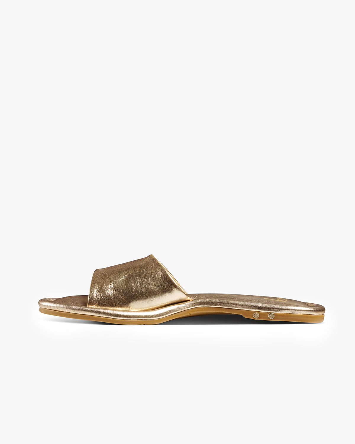 Songlark leather slide sandal in gold - product side shot
