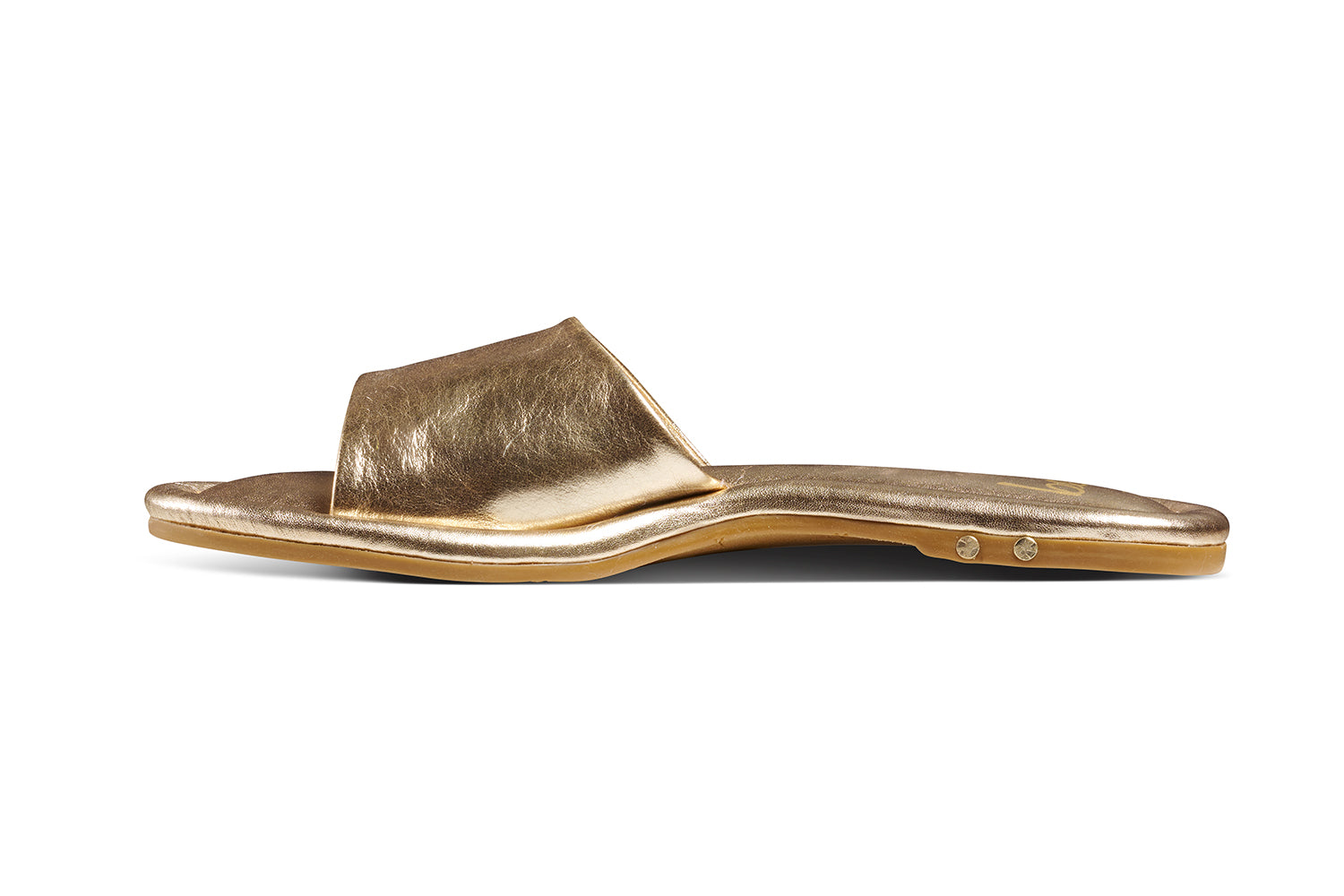 Songlark leather slide sandal in gold - product side shot