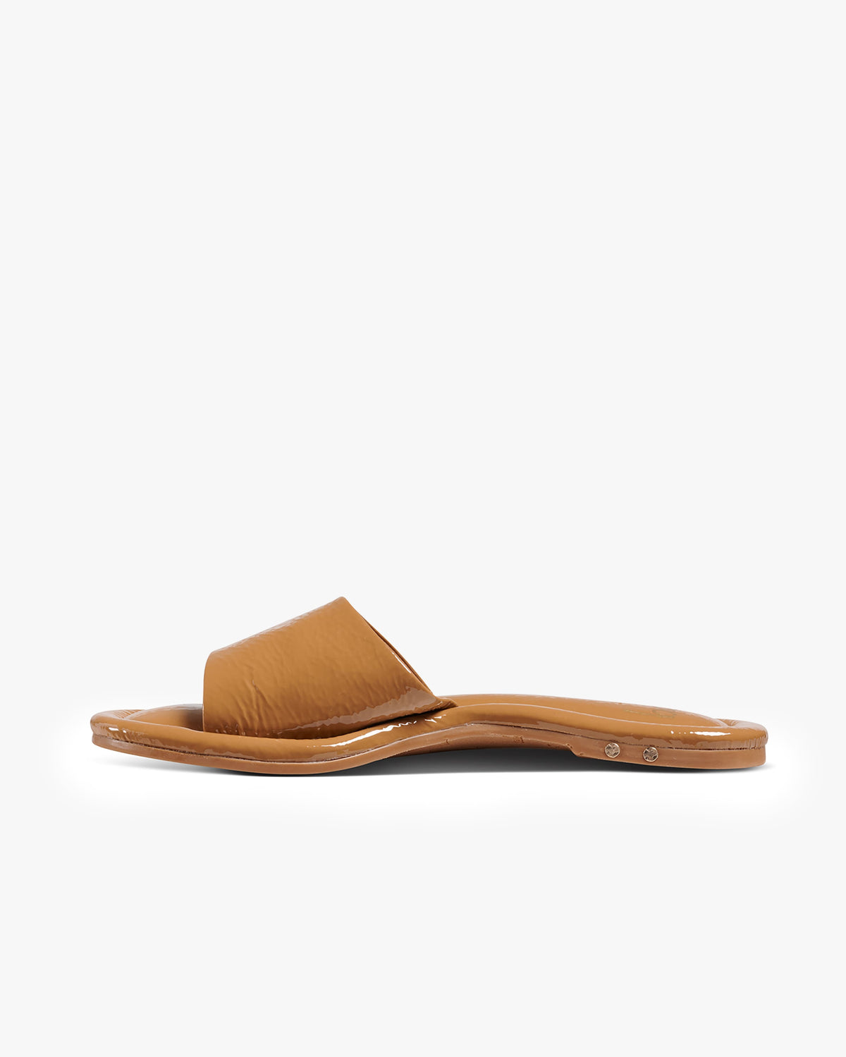 Songlark patent leather slide sandal in latte - product side shot