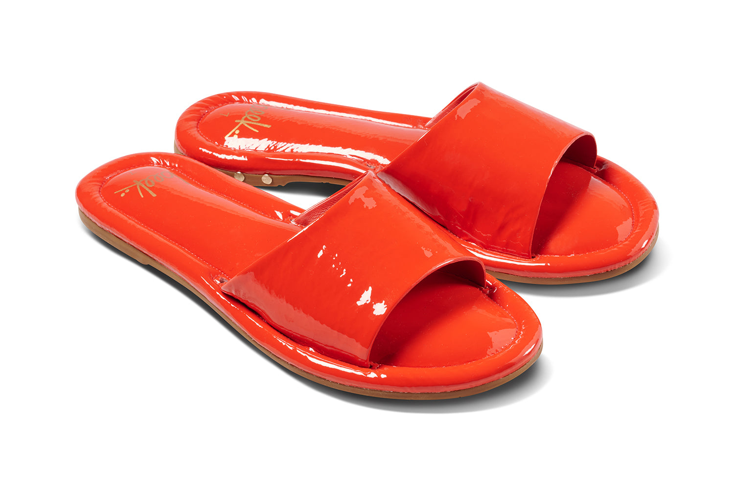 Songlark patent leather slide sandal in tomato - product angle shot