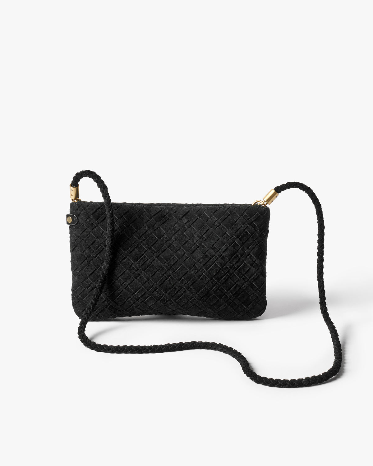 Starling suede woven clutch handbag with strap in black - product front shot