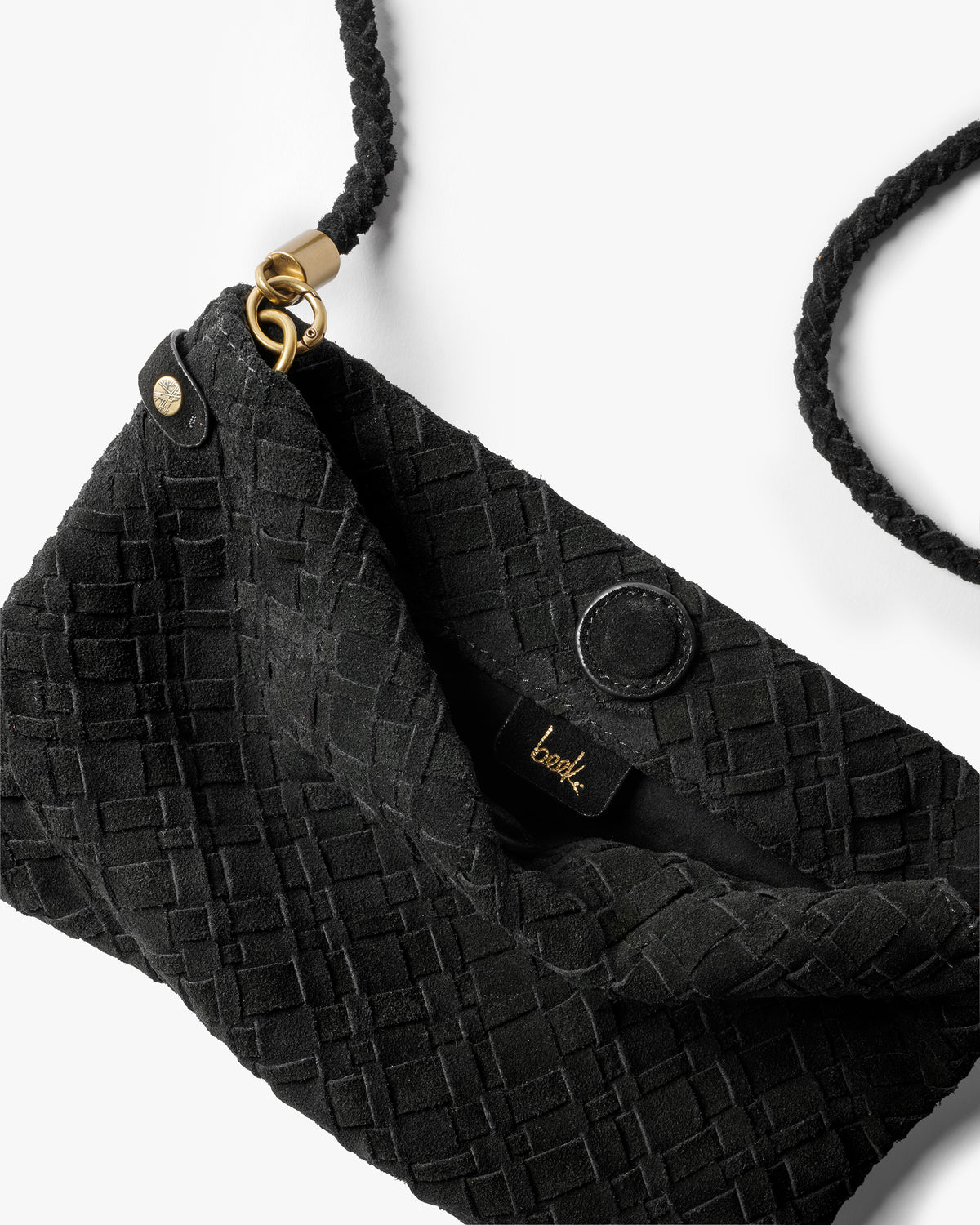 Starling suede woven crossbody handbag in black - product detail shot