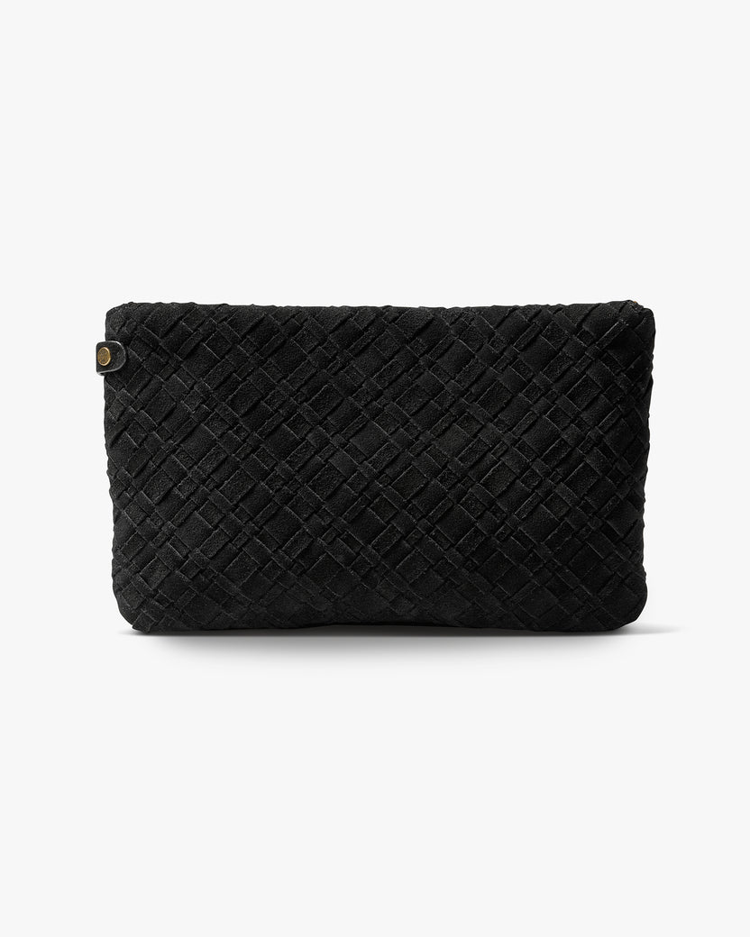 Starling suede woven clutch handbag in black - product front shot