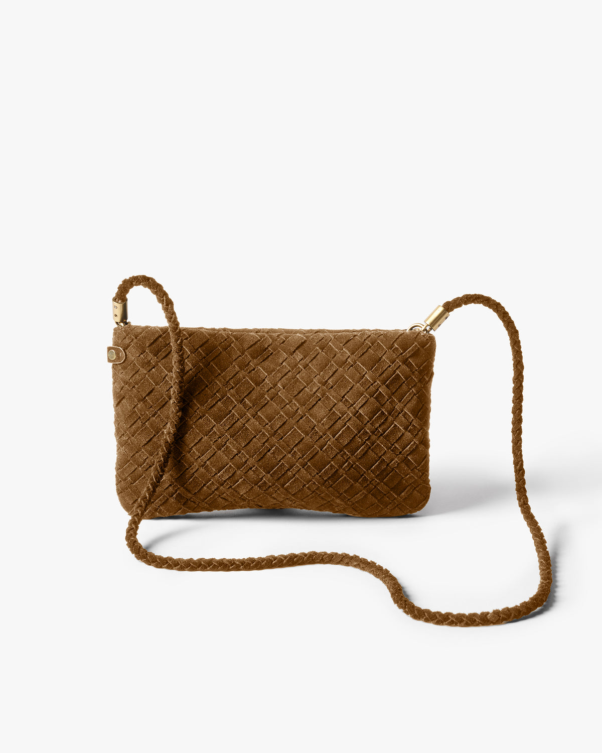 Starling suede woven clutch handbag with strap in chestnut - product front shot