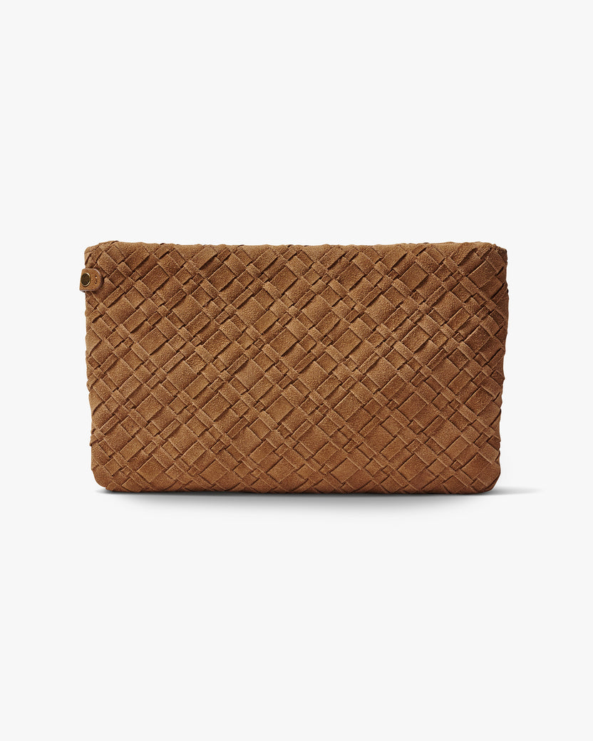 Starling suede woven clutch handbag in chestnut - product front shot
