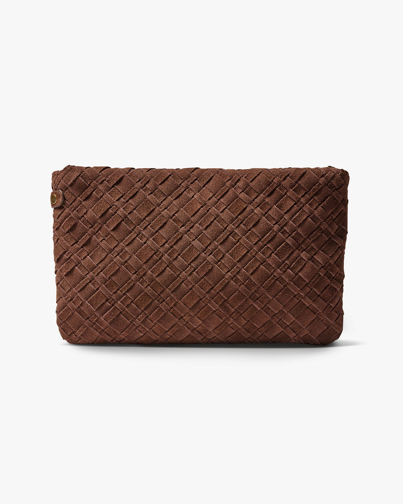 Starling suede woven crossbody handbag in coffee - product front shot