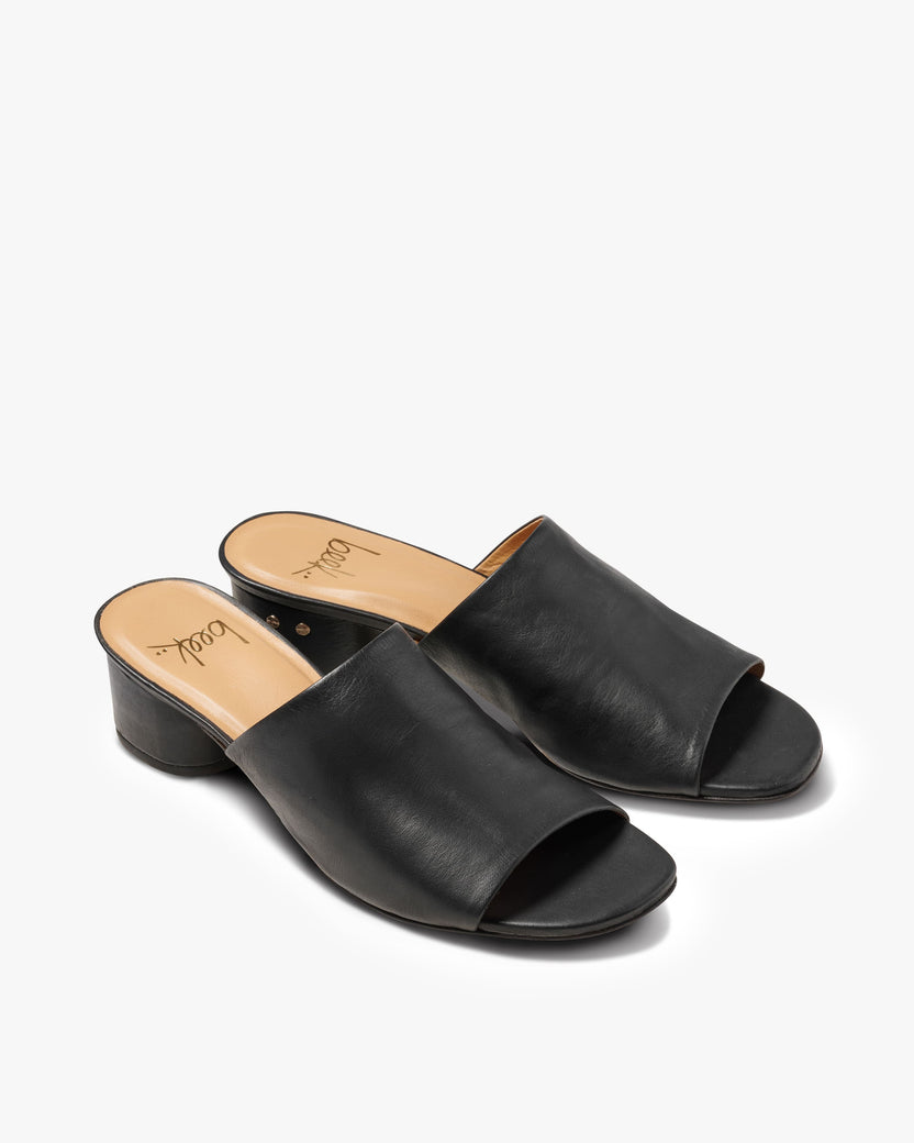 Stilt leather heeled sandal in black - product side shot