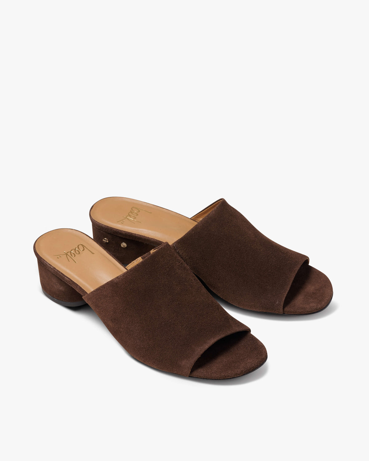 Stilt suede heeled sandals in chocolate - product angle shot