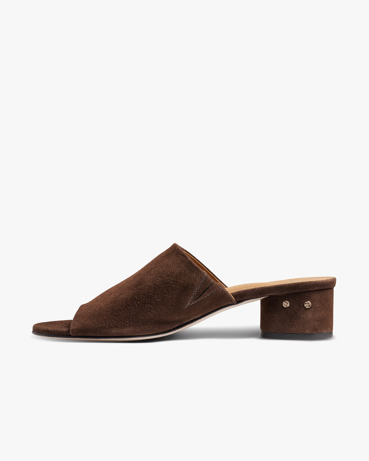 Stilt suede heeled sandals in chocolate - product side shot