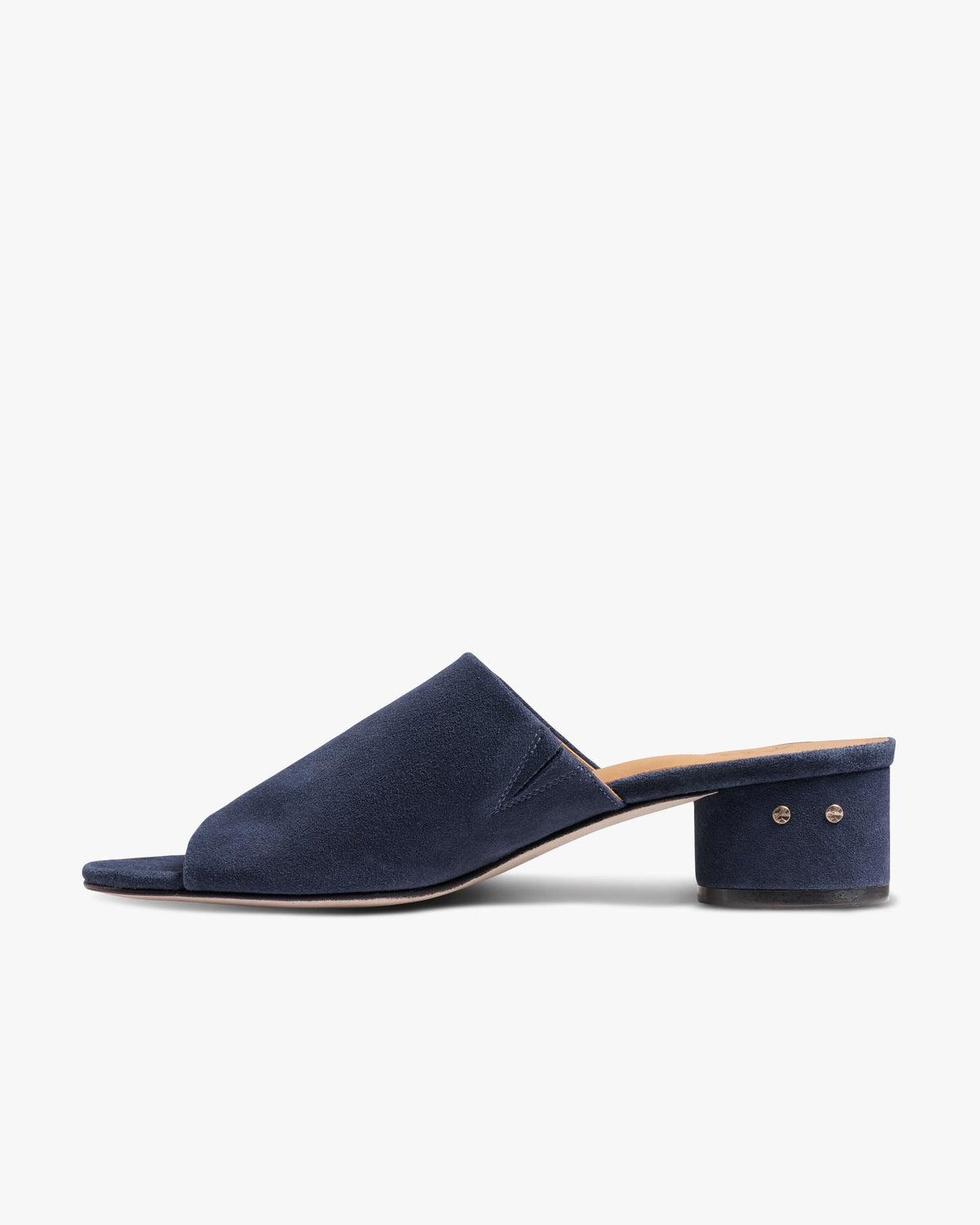 Stilt suede heeled sandals in navy - product side shot