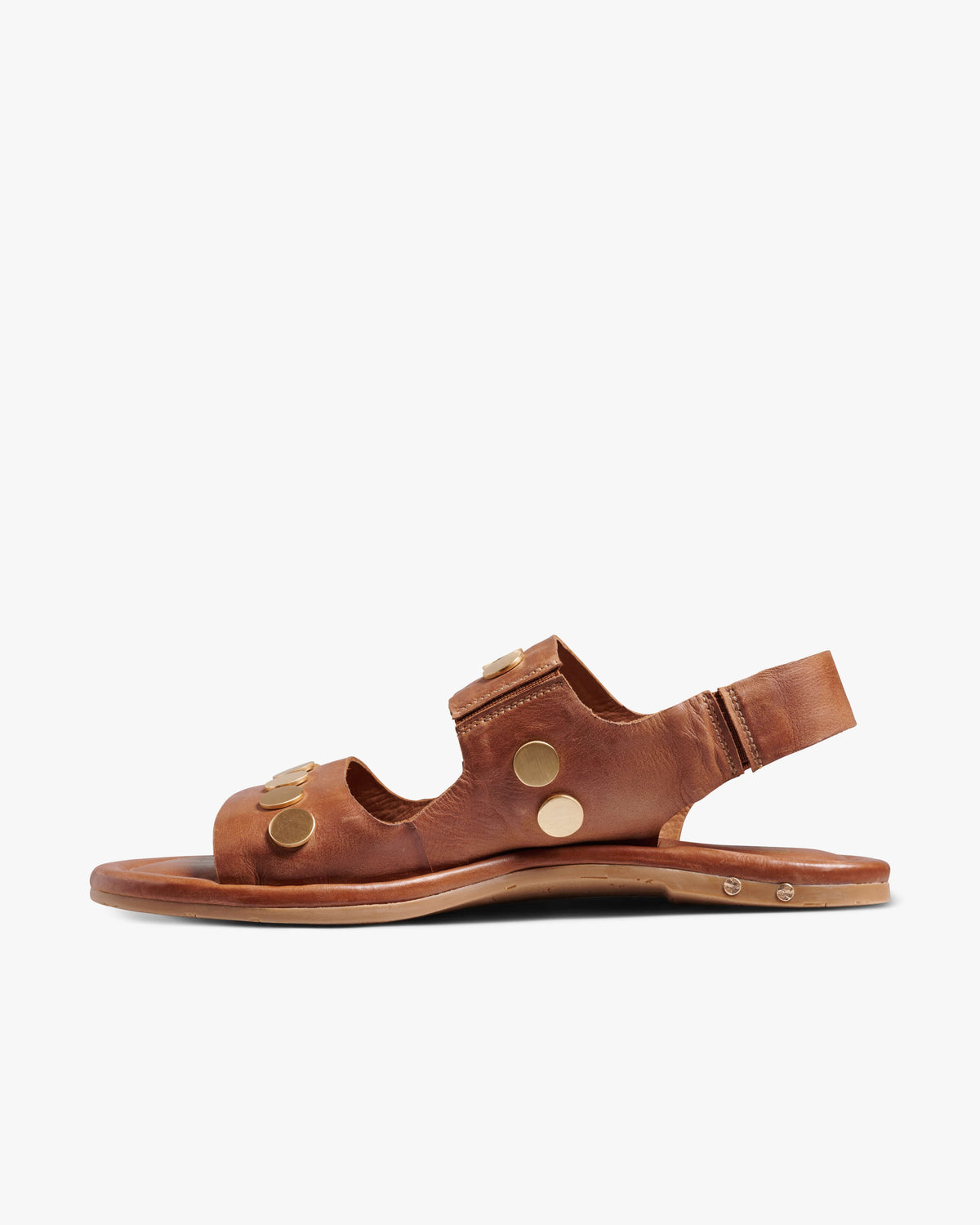 Strix leather back strap sandals in cognac with metallic studs - product side shot