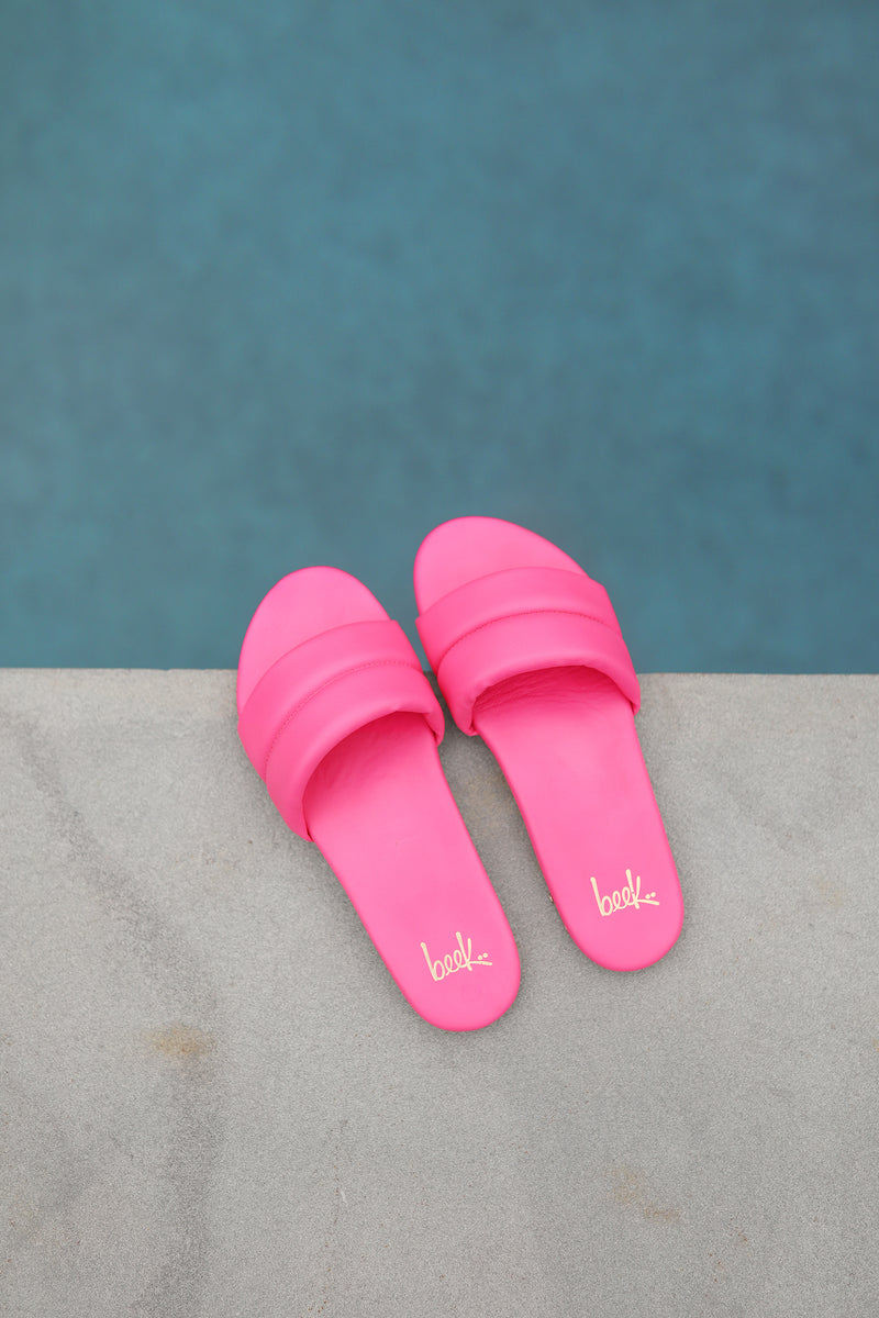Sugarbird leather slide sandal in azalea by the pool