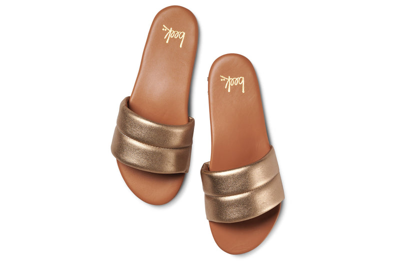 Sugarbird leather slide sandal in gold/honey - top shot