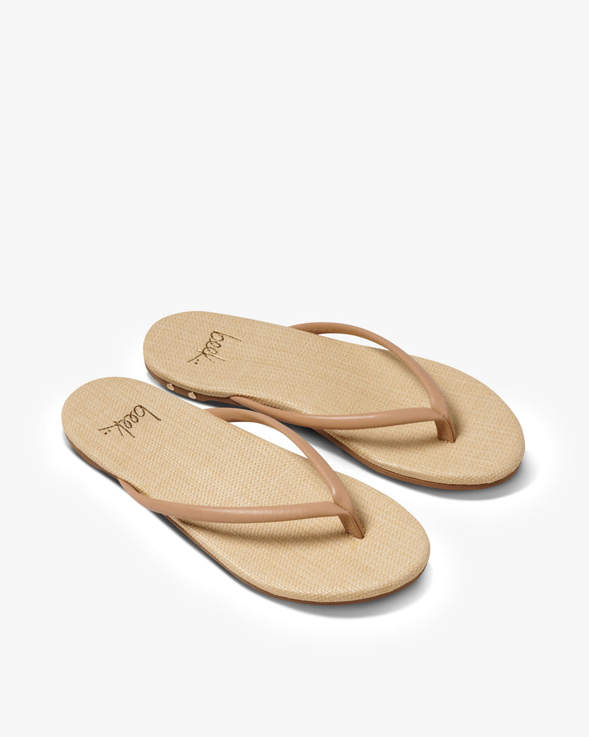 Sunbeam leather and raffia flip flop sandal in beach raffia - product angle shot