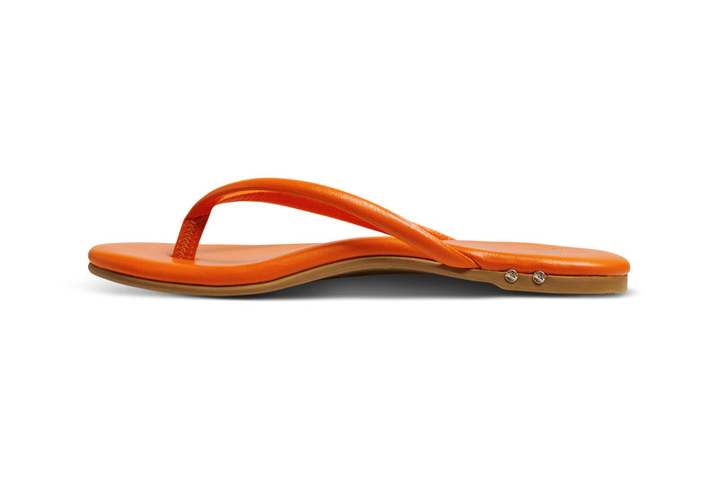 Sunbeam leather flip flop sandals in flame - product side shot