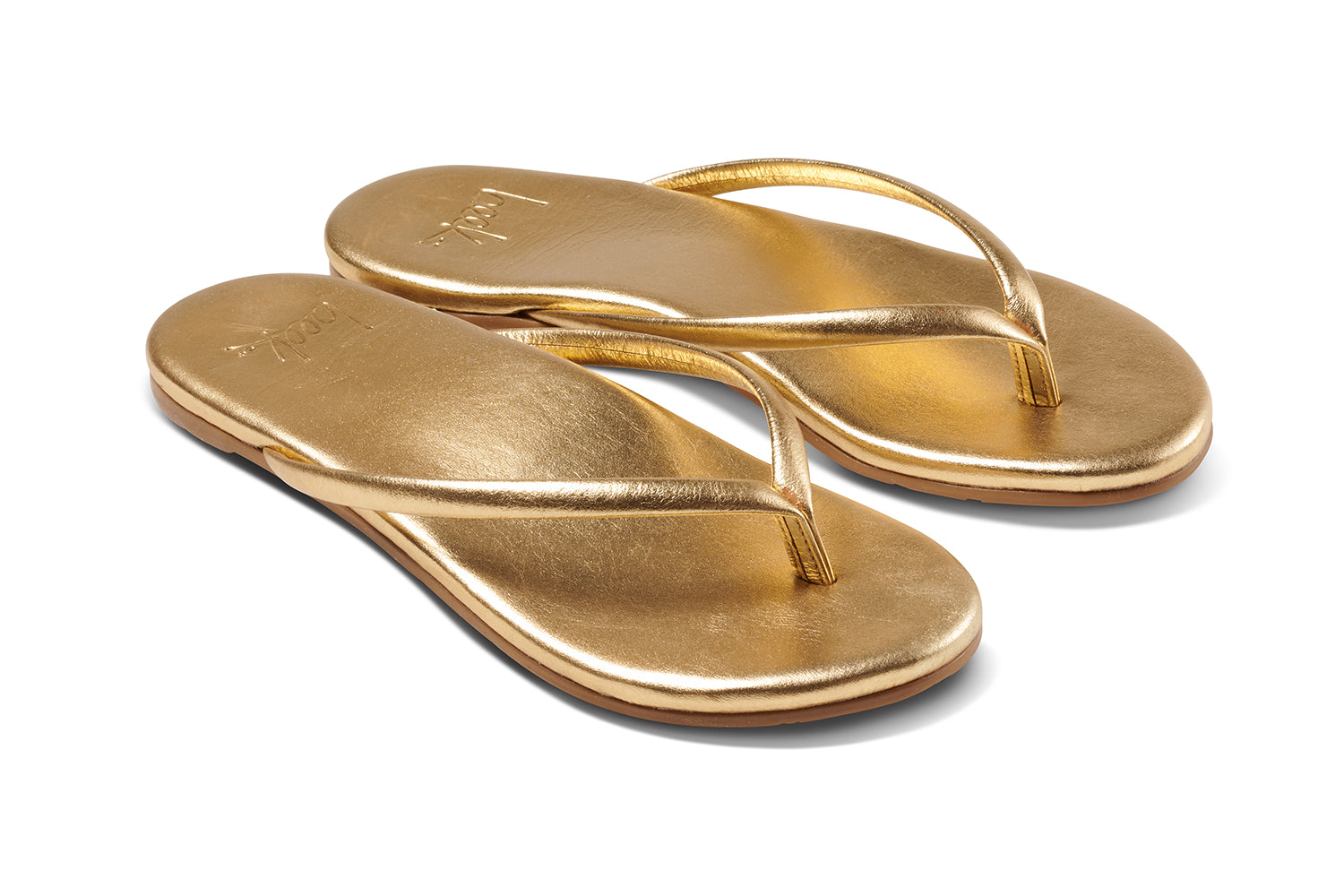 Sunbeam leather flip flop sandals in oro - product angle shot