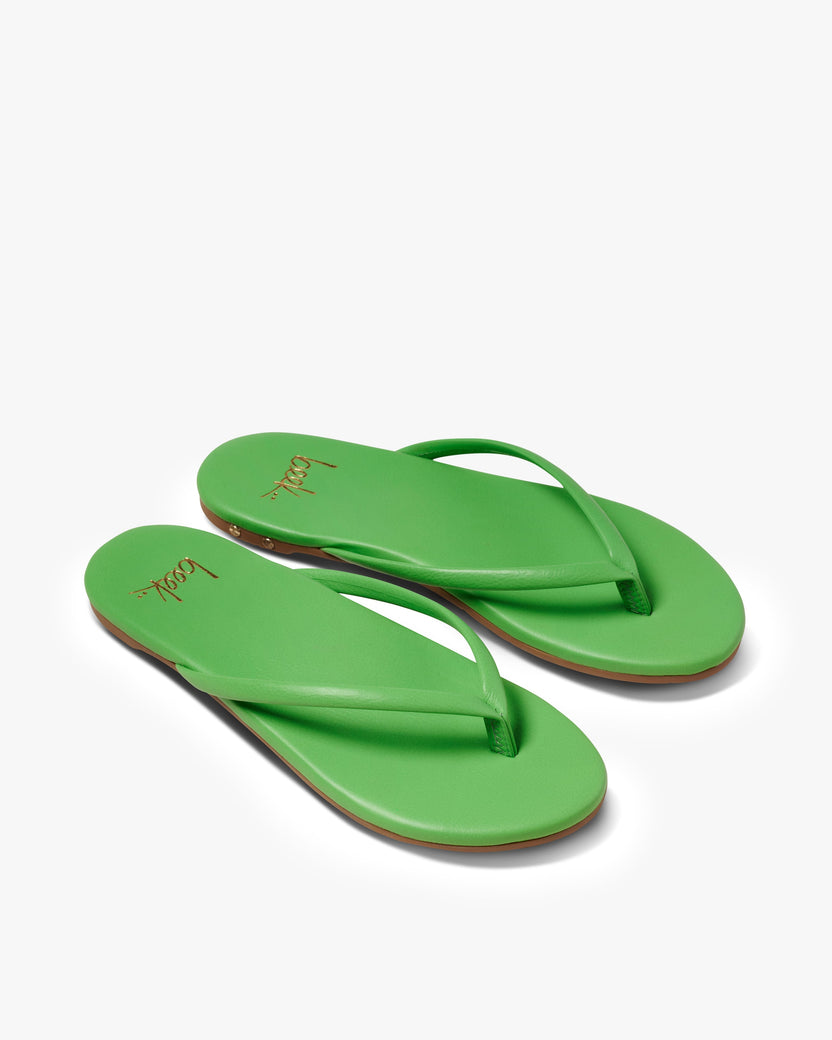Sunbeam leather flip flop sandal in palm - product angle shot