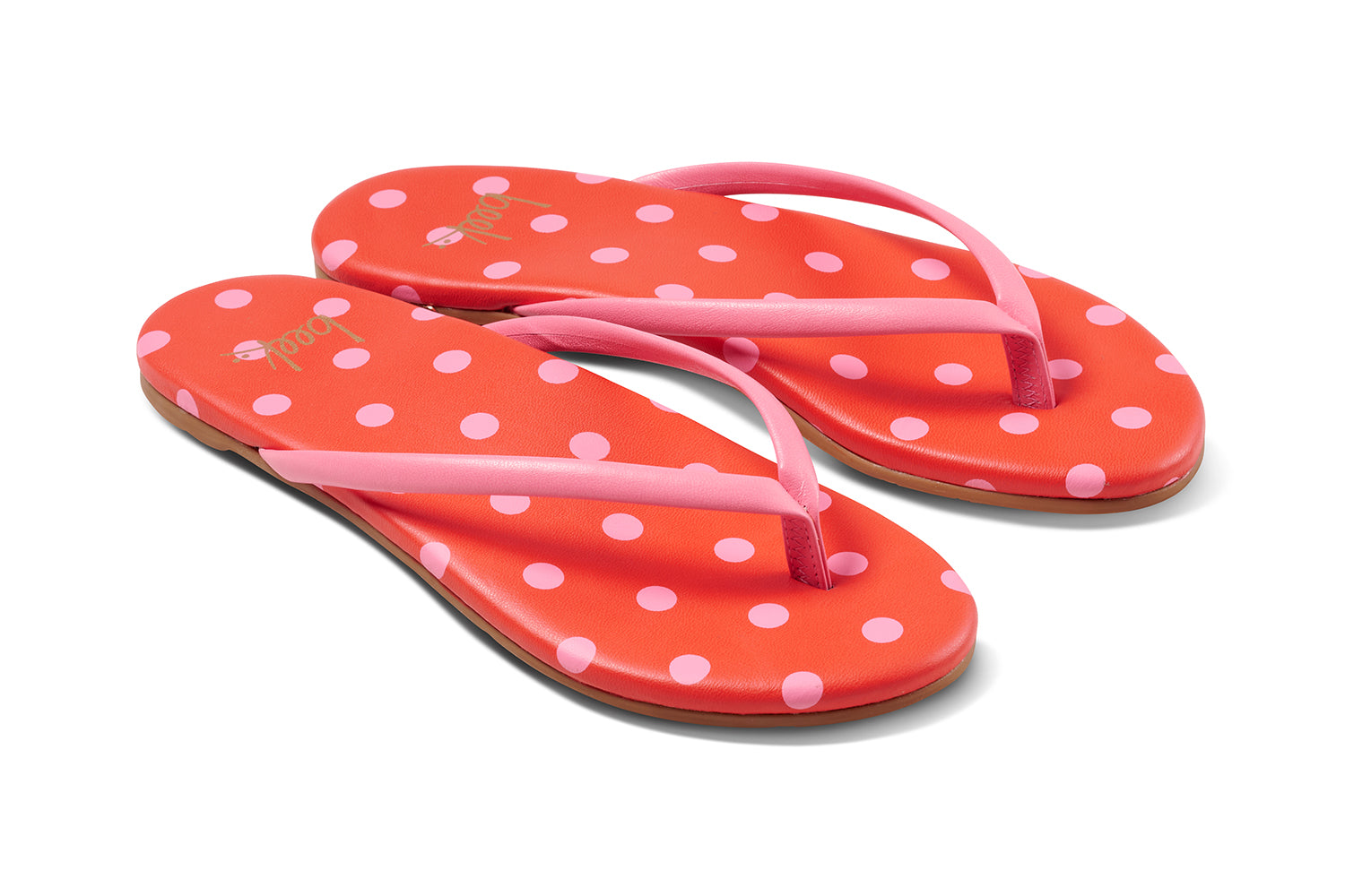 Sunbeam leather flip flop sandal with polka dots in peony/tomato - product angle shot