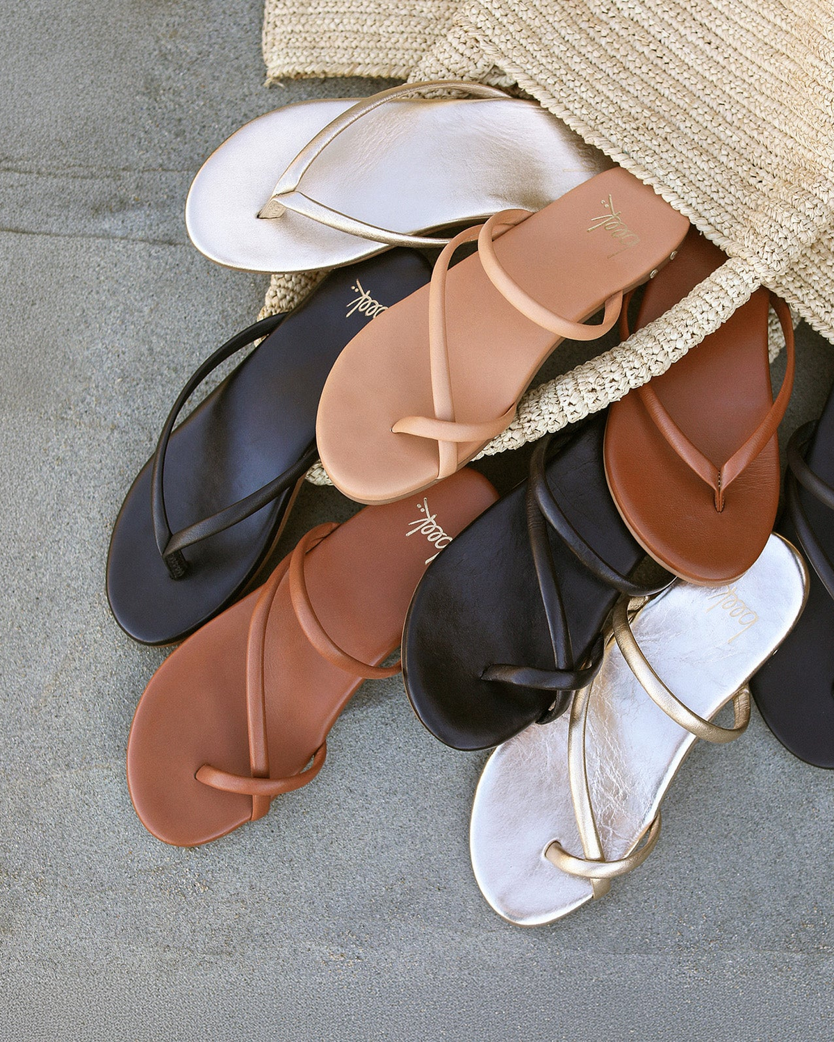 Group shot of Sunbeam leather flip flop sandals with Sungem leather sandals